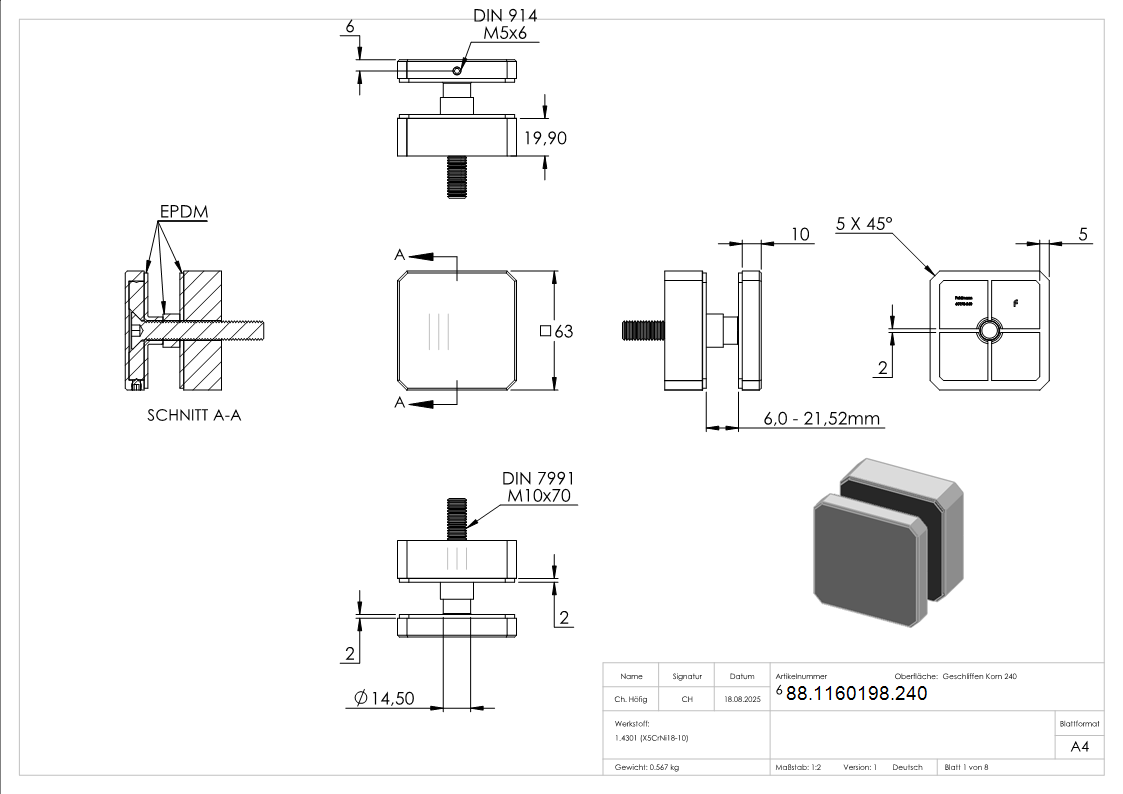 Glaspunkthalter 63 x 63 mm- V2A- quadratisch- Anschluss- Flach mit AbP-88-1160198.240