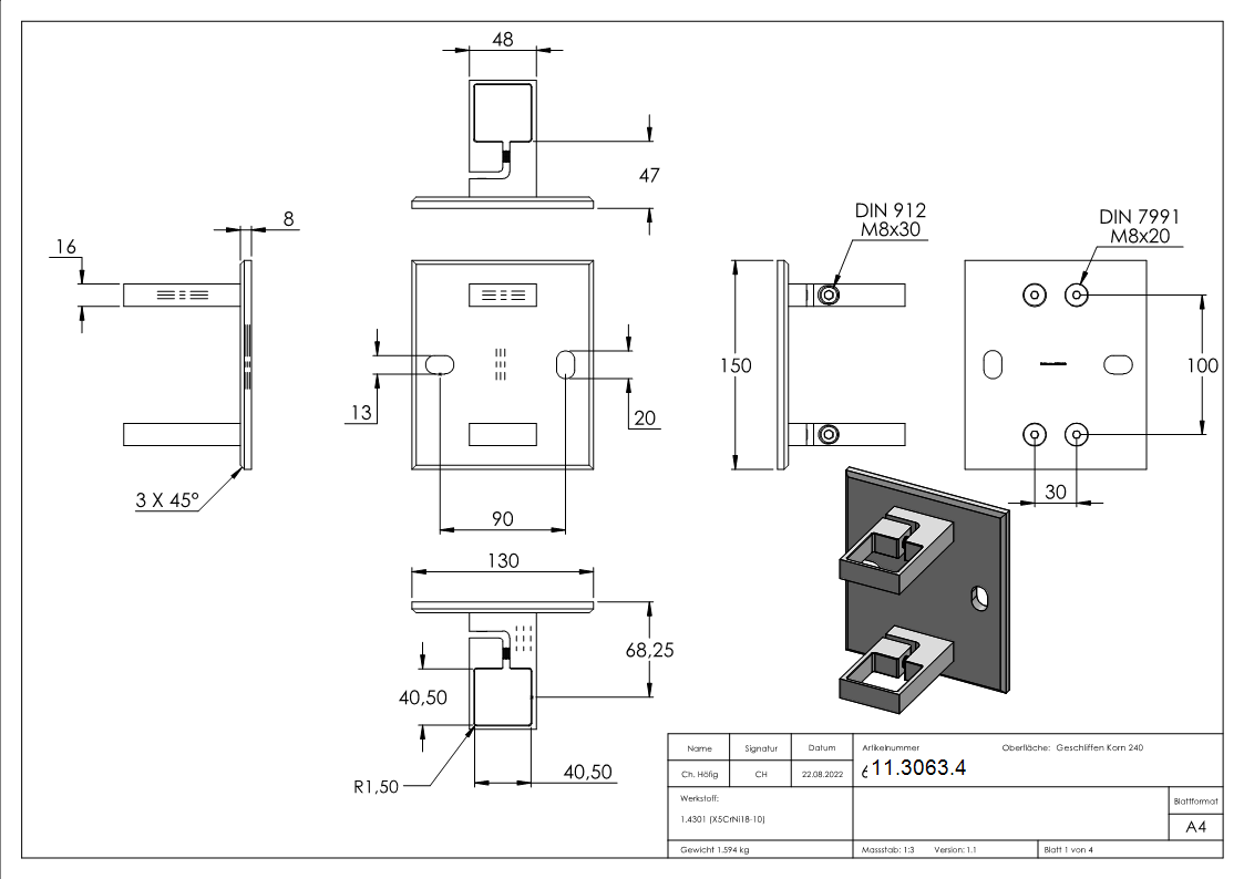 Wandbefestigung für Rohr 40x40 mm V2A