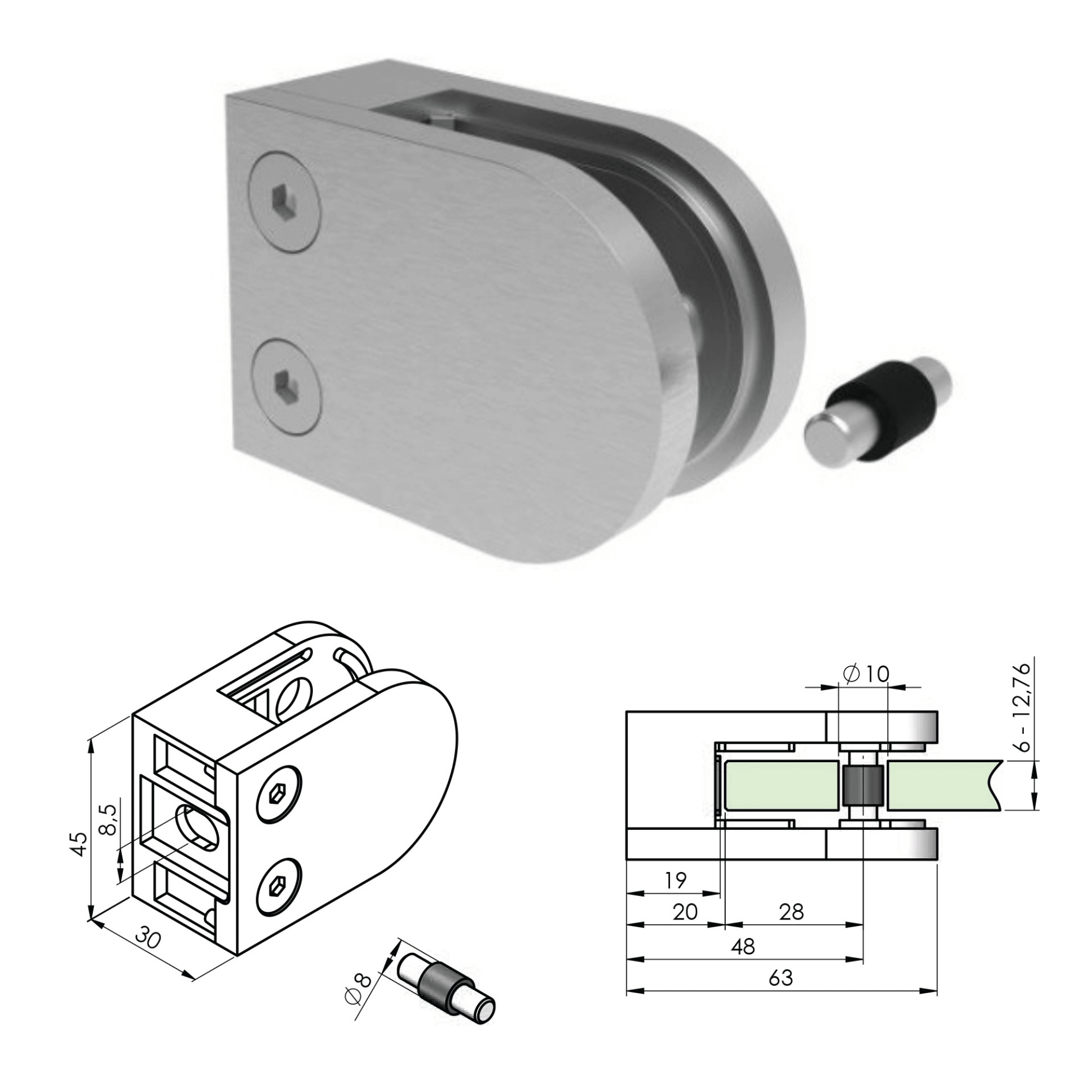 Glashalter V2A fuer 6 - 12-76 mm Glas Flachanschluss geschliffen 4er Set-89-11A2500000SET4-A.4