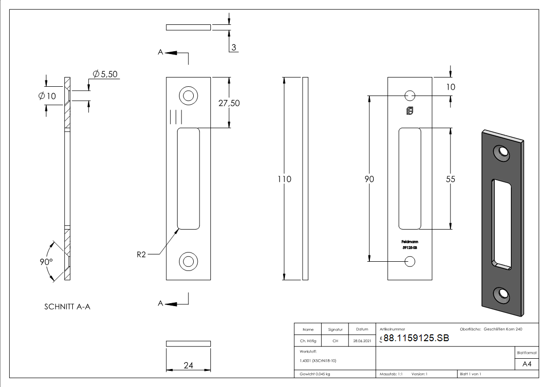 Schliessblech passend zu Pendeltuer-Fallenschloss- V2A-88-1159125.SB