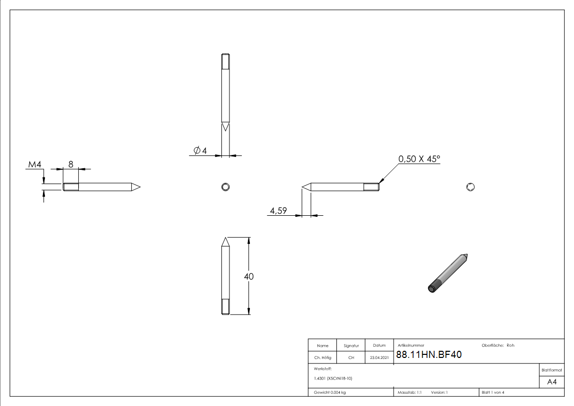 Befestigungsmaterial für Hausnummern mit M4 Gewinde, V2A
