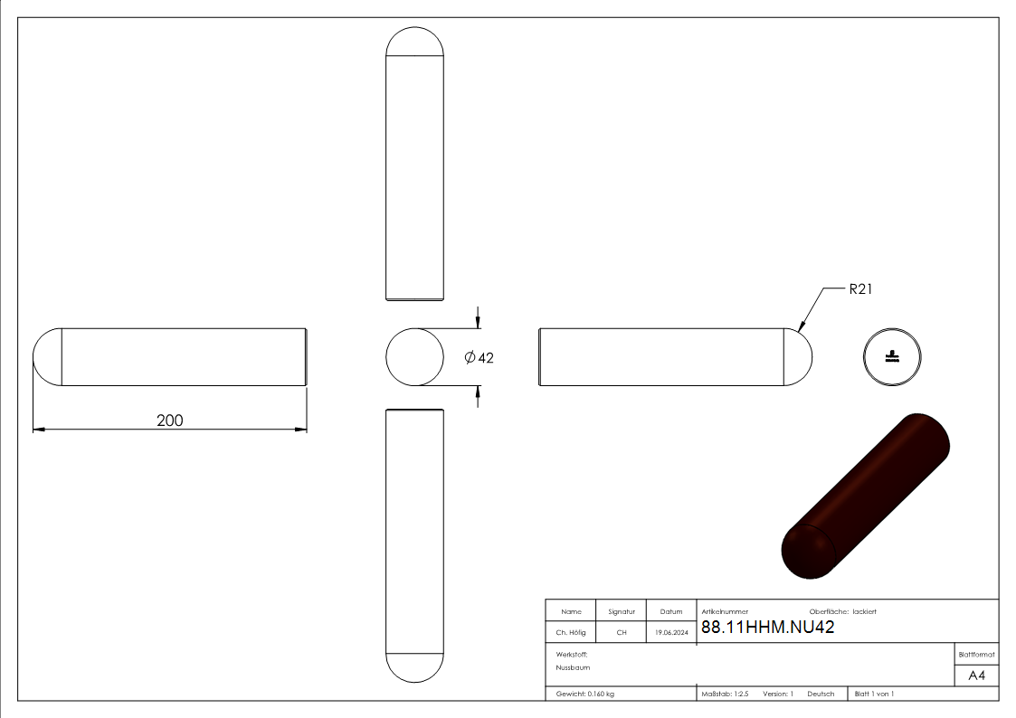 Holzhandlauf Nussbaum Ø 42 mm Laenge 200 mm lackiert-88-11HHM.NU42