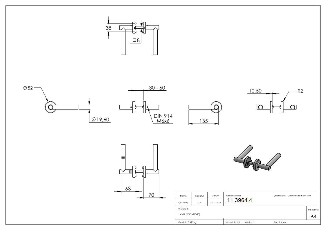 Tuerdruecker-Paar Edelstahl V2A 8 mm Drueckerstift drehbar-11-3964.4