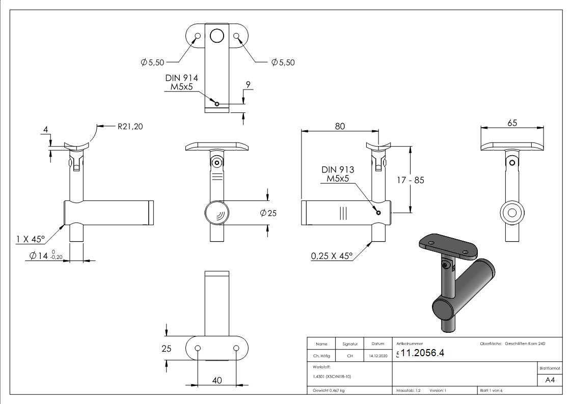 Handlaufhalter mit Gelenk und Halteplatte für flachen Anschluss V2A