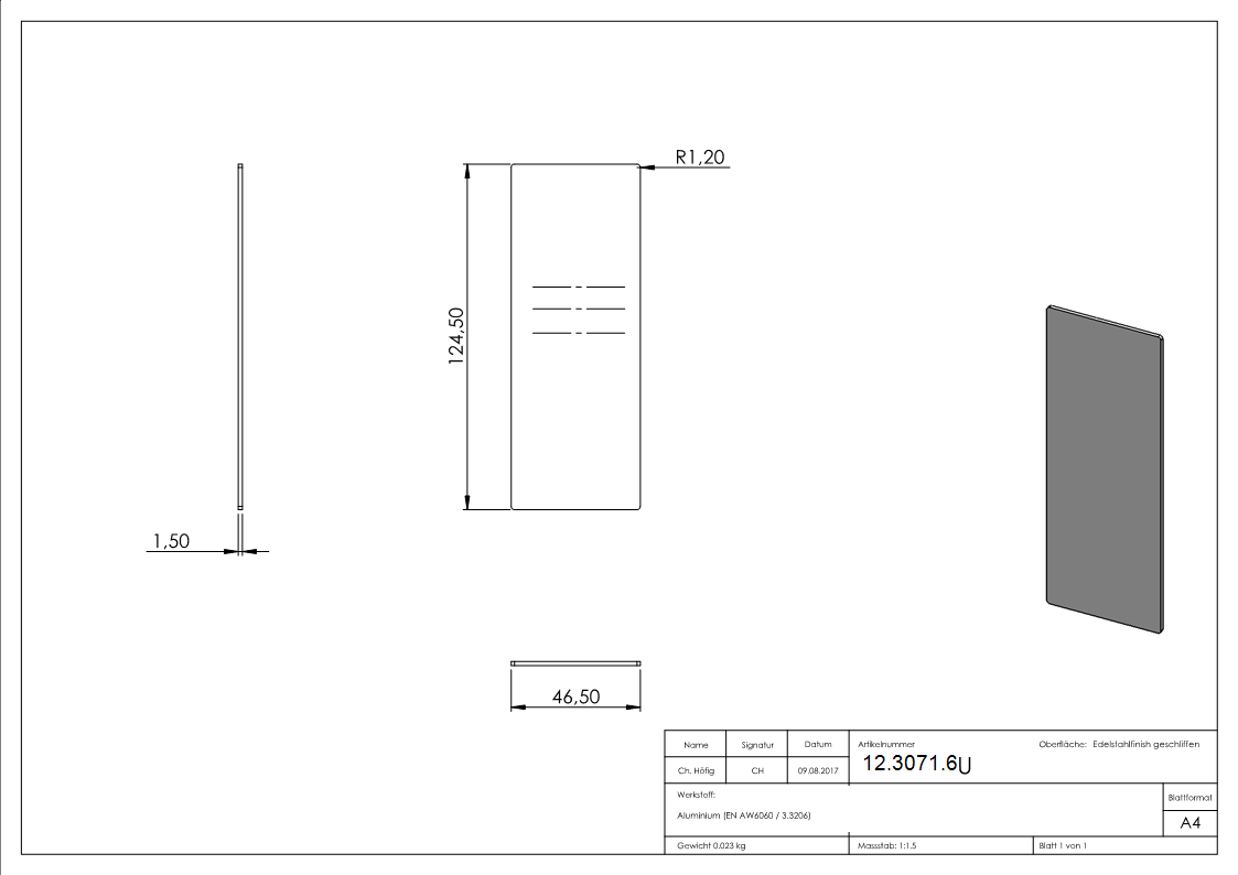 Endkappe - fuer Ganzglasgelaender - Masse- 124-5x46-5x1-5 mm - Aluminium-12-3071.6