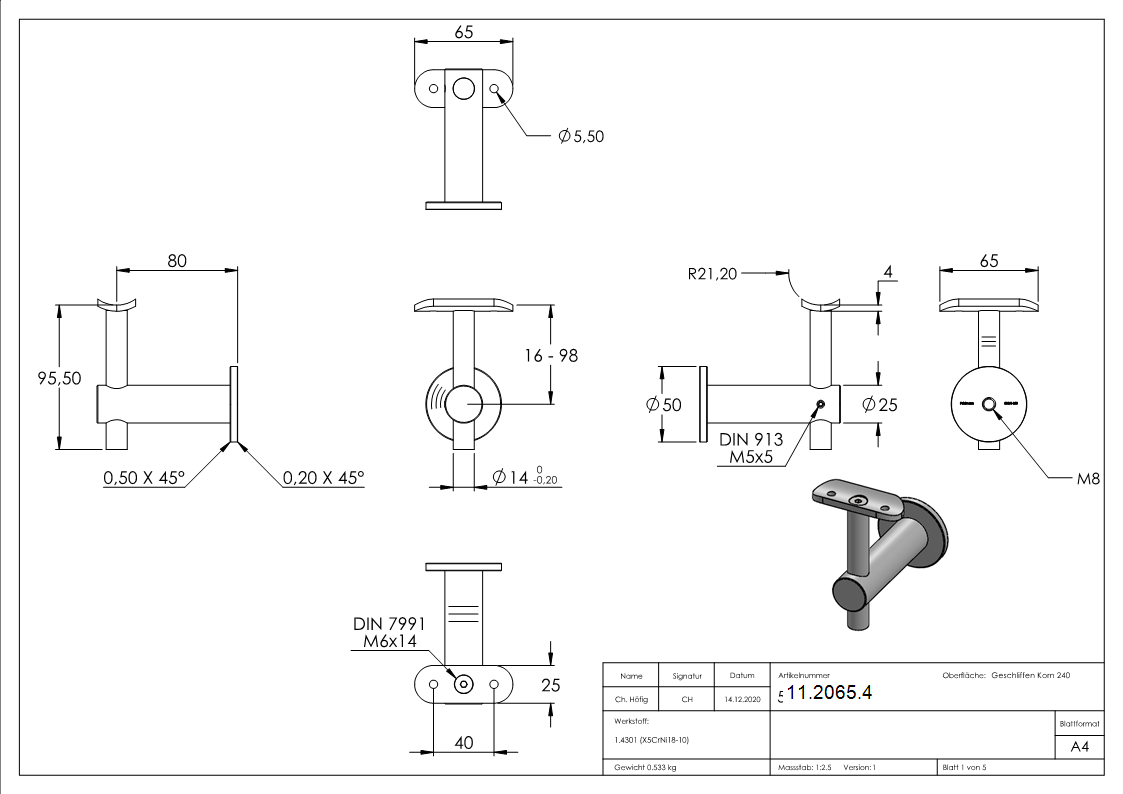 Handlaufhalter mit Halteplatte für Ø 42,4 mm V2A