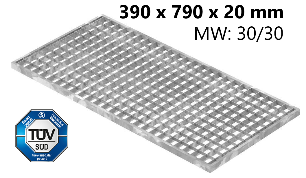 Lichtschachtrost Baunormrost | Maße:  390x790x20 mm 30/30 mm | aus S235JR (St37-2), im Vollbad feuerverzinkt