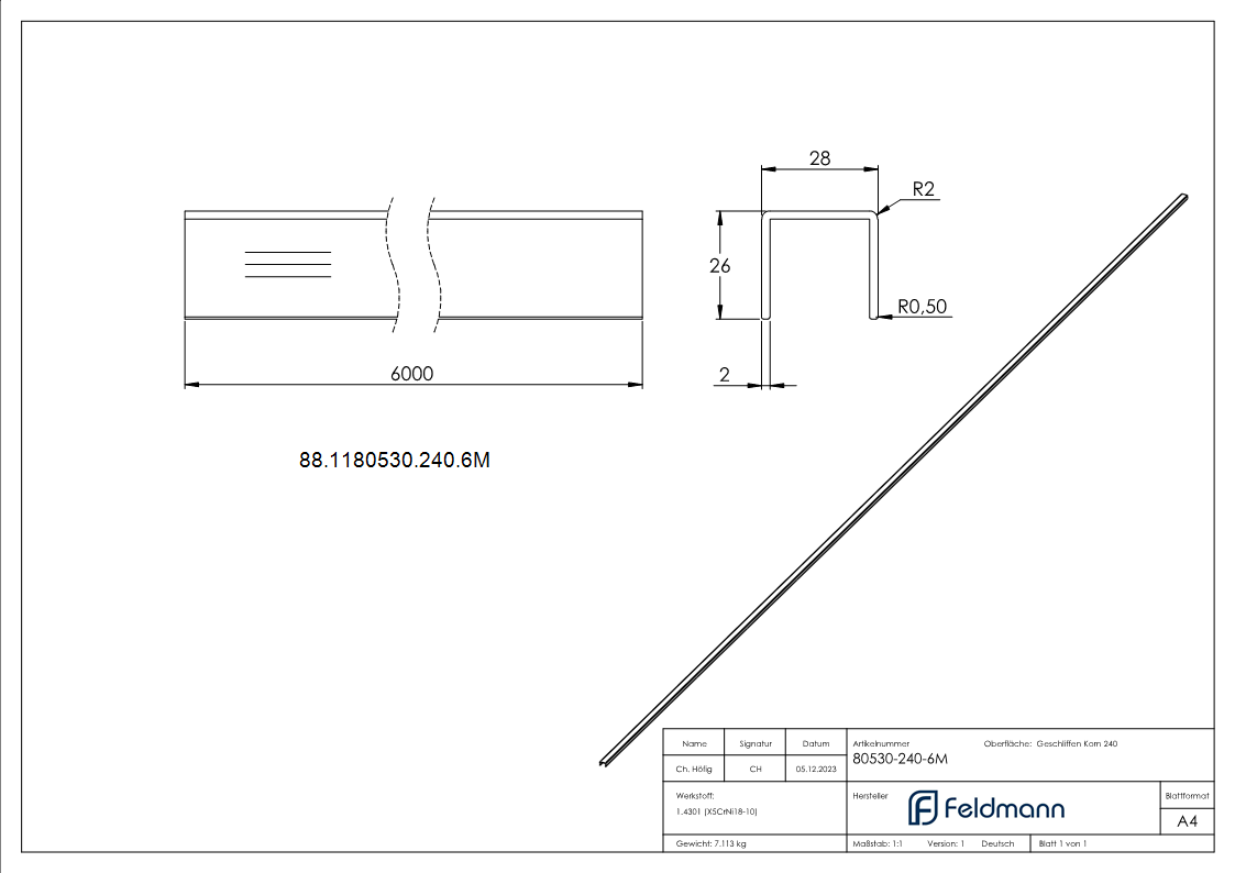 Edelstahl-U-Profil, 28 x 26 x 2mm, Länge: 6000mm