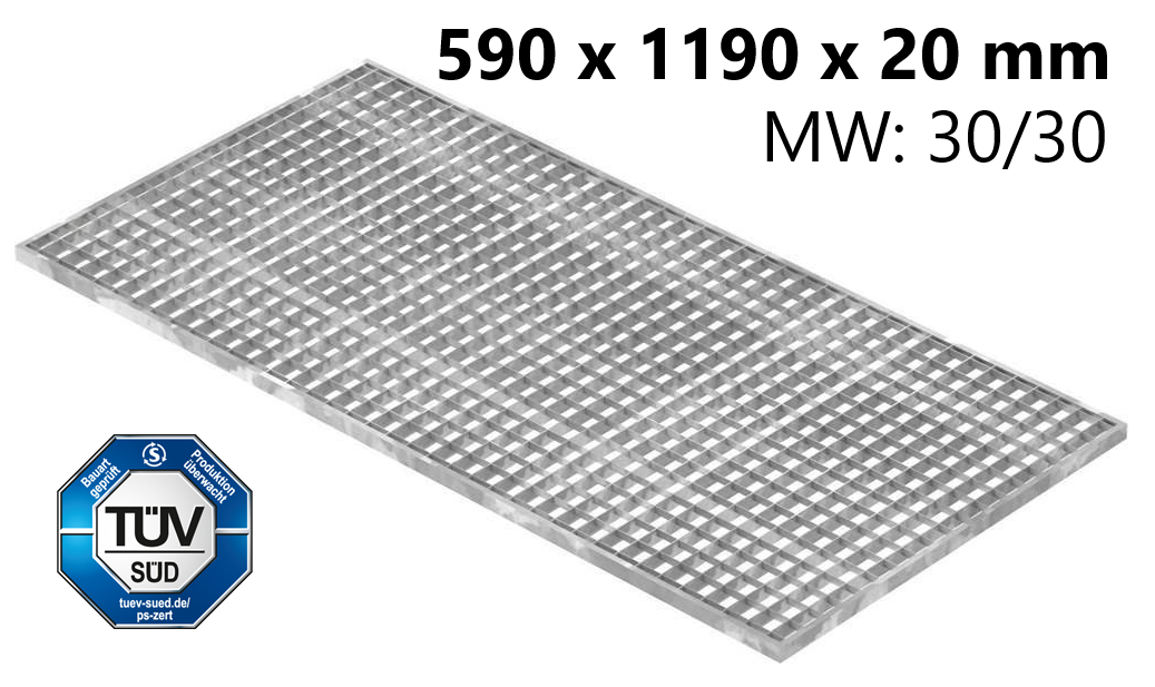 Lichtschachtrost Baunormrost | Maße:  590x1190x20 mm 30/30 mm | aus S235JR (St37-2), im Vollbad feuerverzinkt