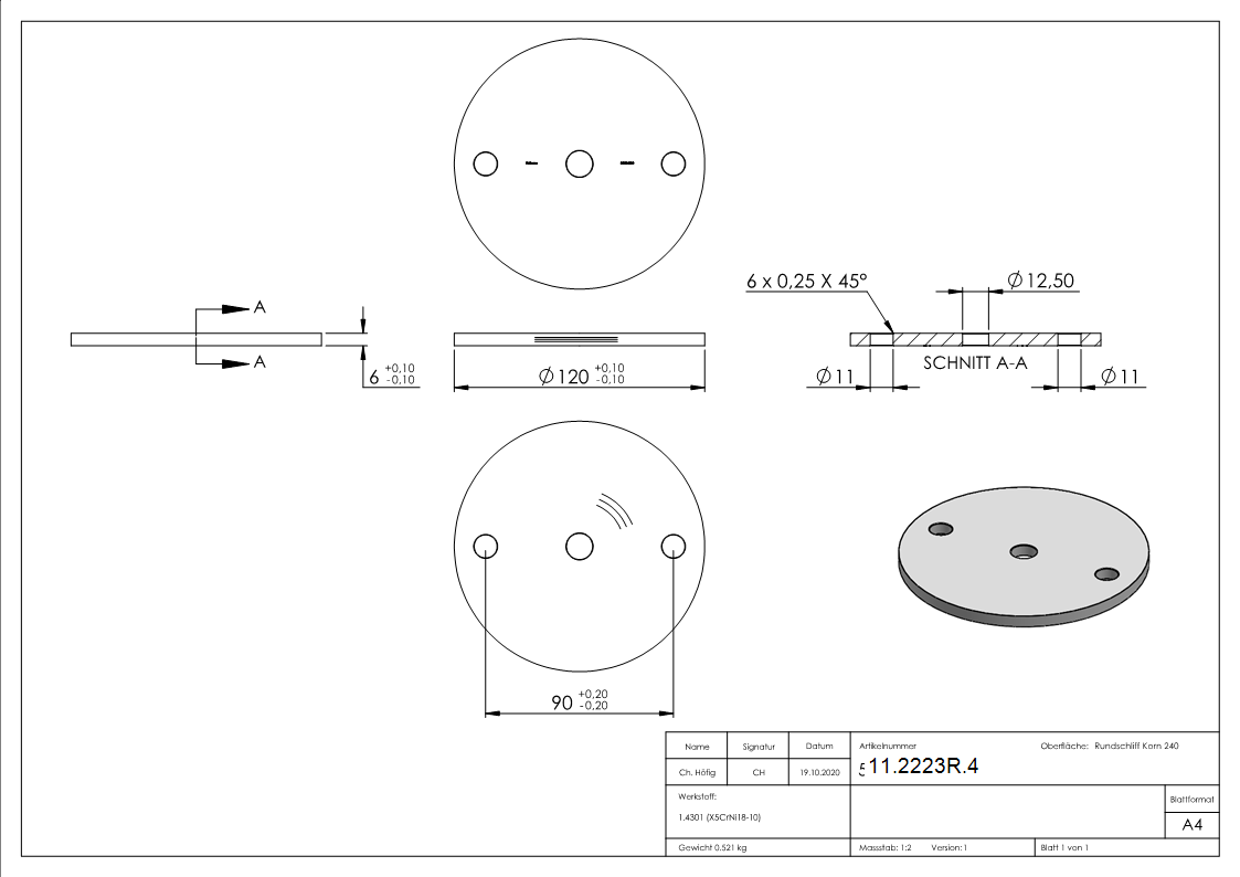Ankerplatte Ø 120 x 6 mm mit Zentrierbohrung- Ø 12-5 mm V2A-11-2223R.4