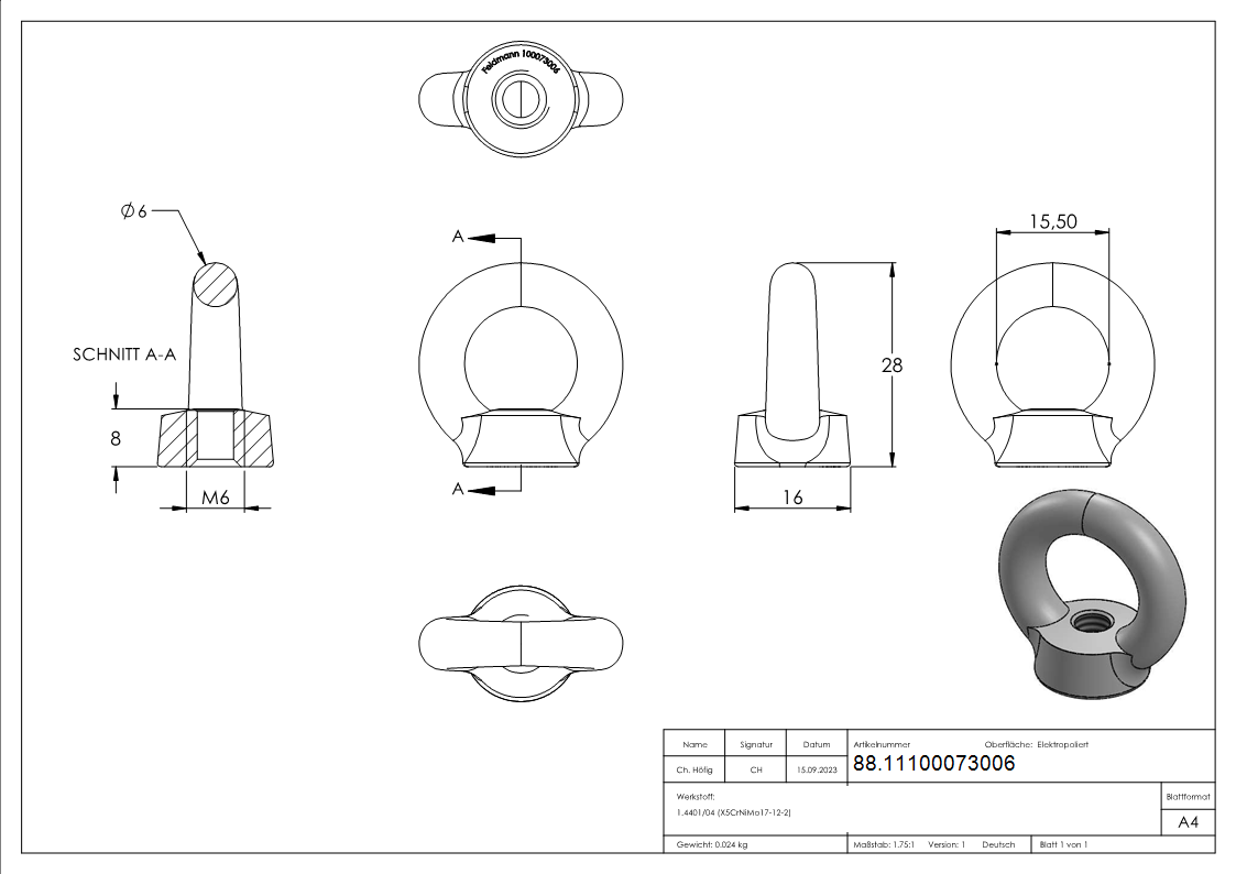Ringmutter Edelstahl V4A Innengewinde M6 Rundeisen 6 mm DIN 582-88.11100073006