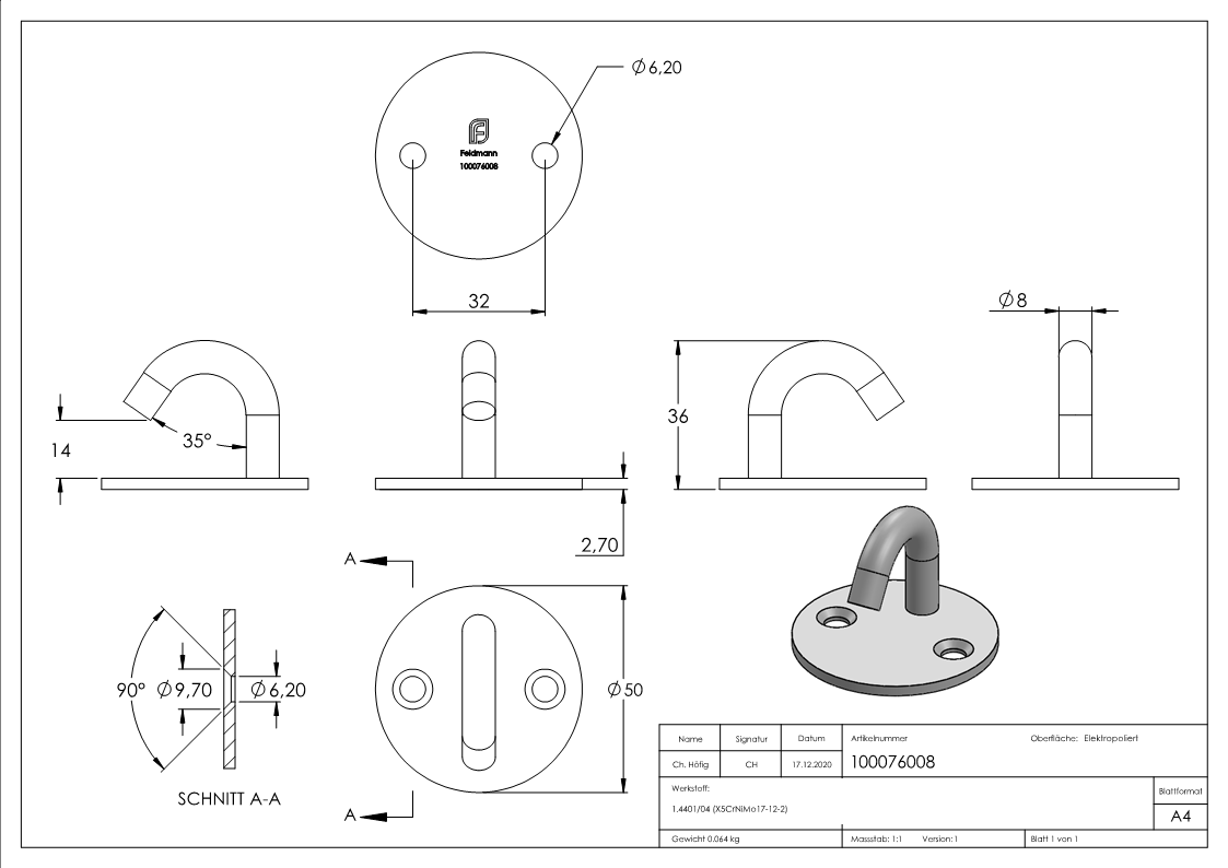 Befestigungsöse/Haken mit runder Platte V4A