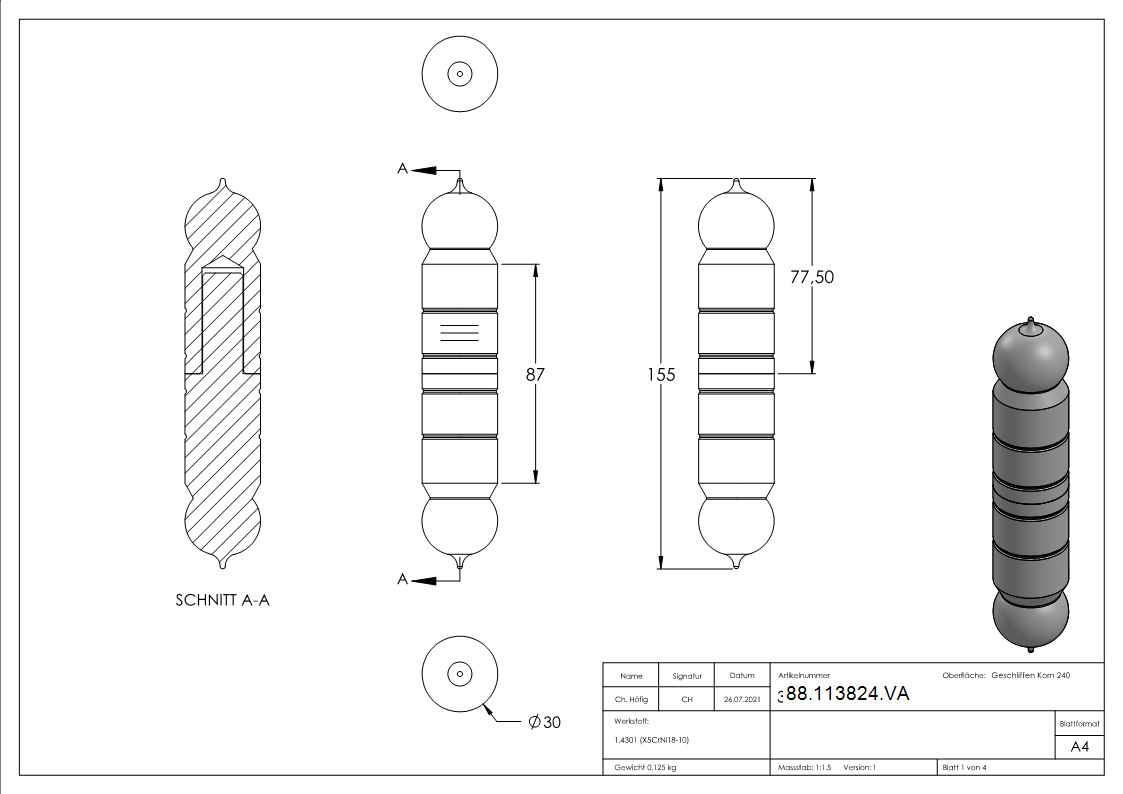 Anschweissband Edelstahl V2A Ø 30 mm Dorn Ø 16 mm glatt-88-113824.VA