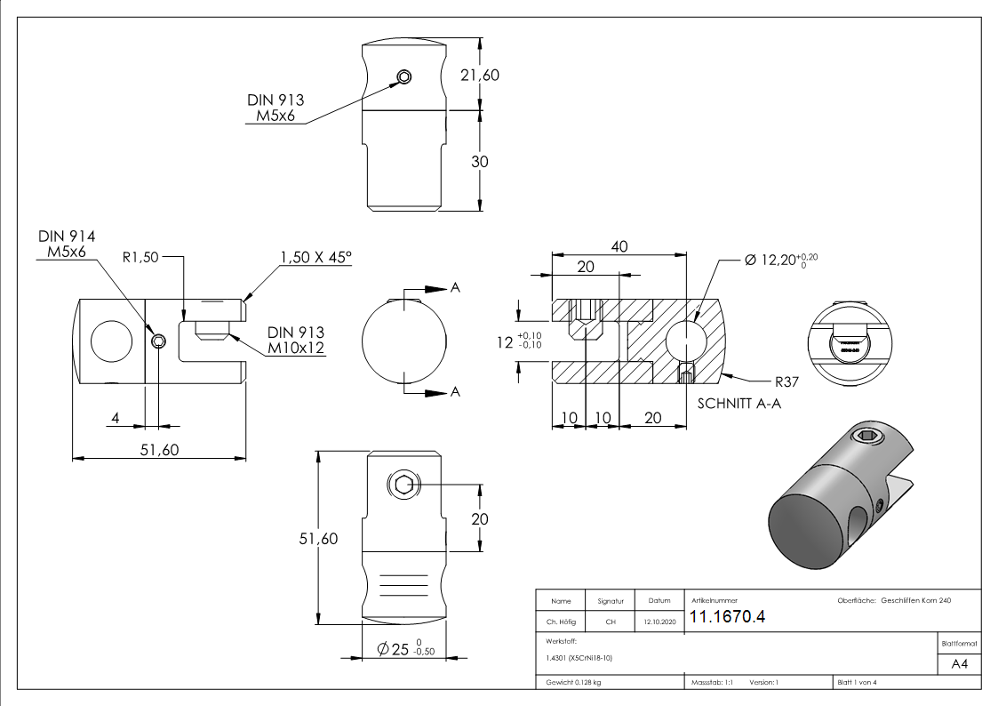 Querstab-Plattenhalter V2A Edelstahl Ø 25 mm – für Rundstäbe 12 mm inkl. Schrauben