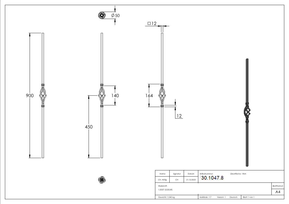 Zierstab | Länge: 900 mm | Material: 12x12 mm | glatt | Stahl (Roh) S235JR