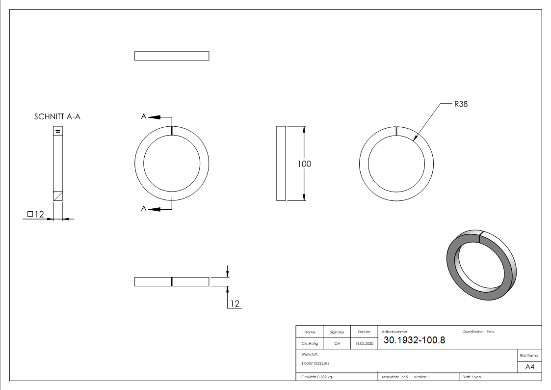Ring | Material: 12x12 mm | Außen-Ø 100 mm | Stahl S235JR, roh