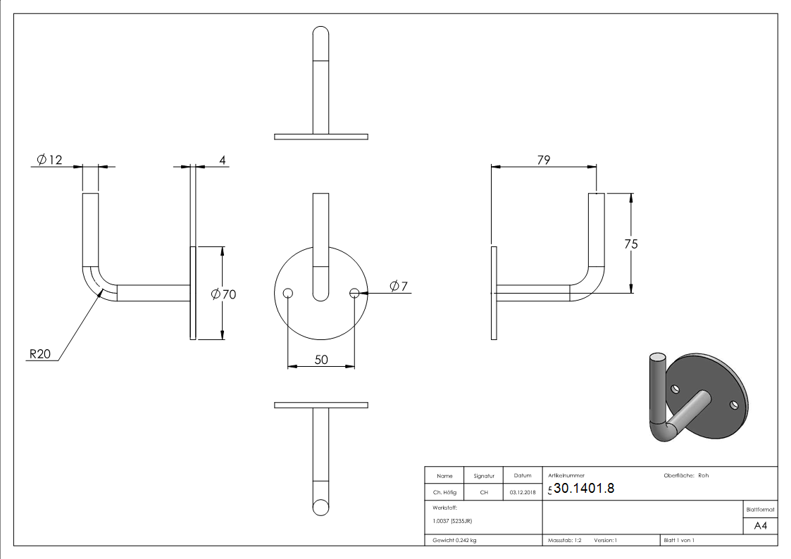 Handlaufhalter - mit Ronde 70x4 mm - zum Anschweissen - Stahl S235JR- roh-30-1401.8