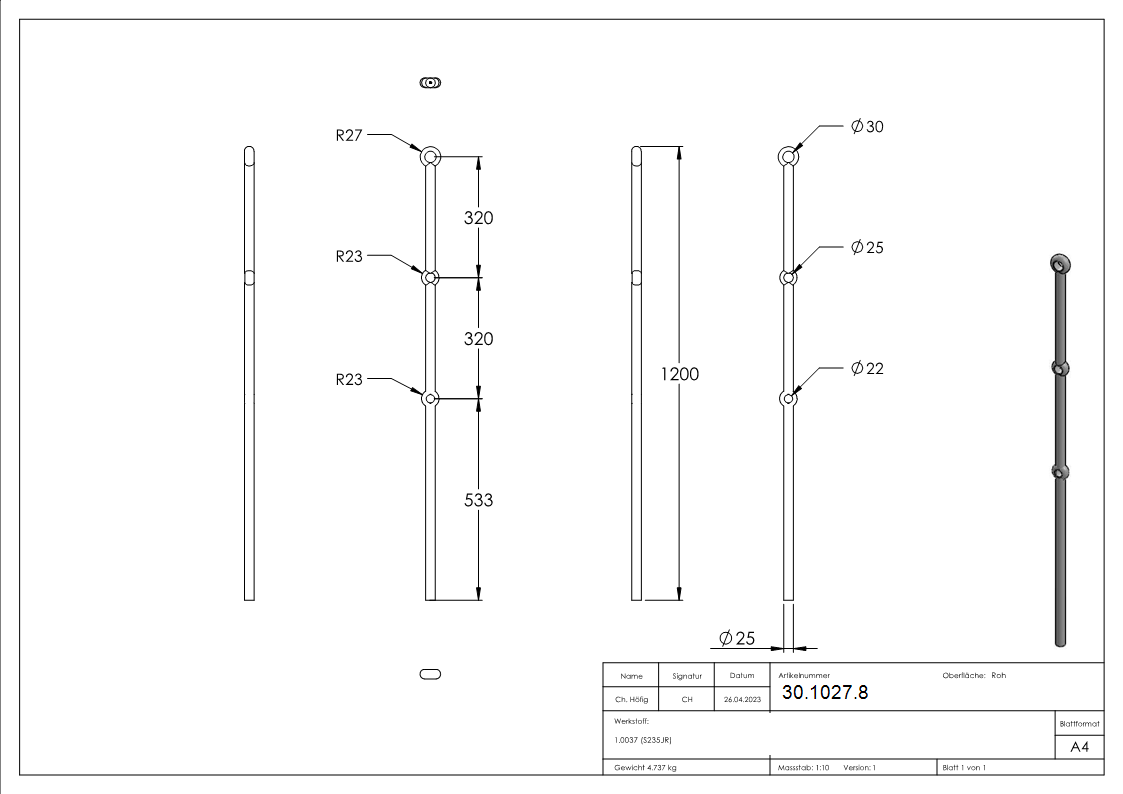 Anfangsstab Pfosten Länge: 1200 mm Material: Ø 30 mm Stahl S235JR, roh
