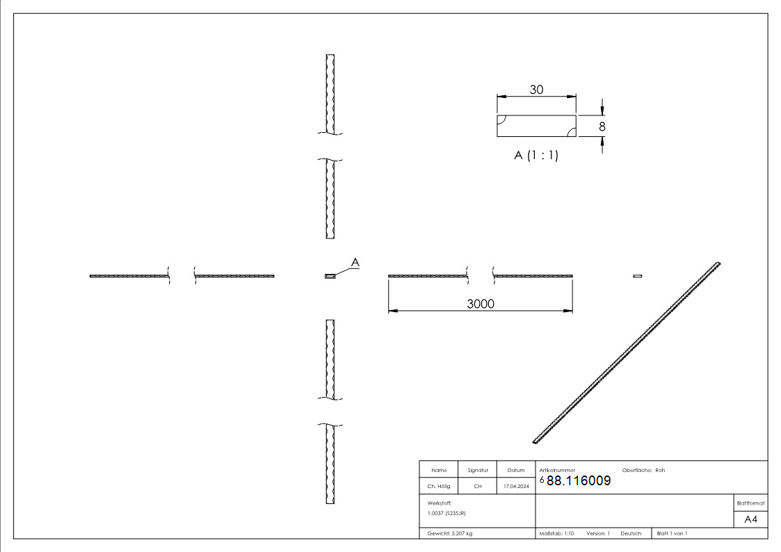 Flacheisen 30x8 mm Kanten gehaemmert 3000mm Schmiedeeisen Antik-88.116009