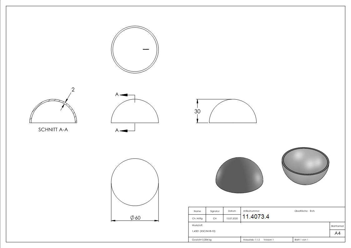Halbhohlkugel Ø 60,3x2,0 mm V2A ungeschliffen
