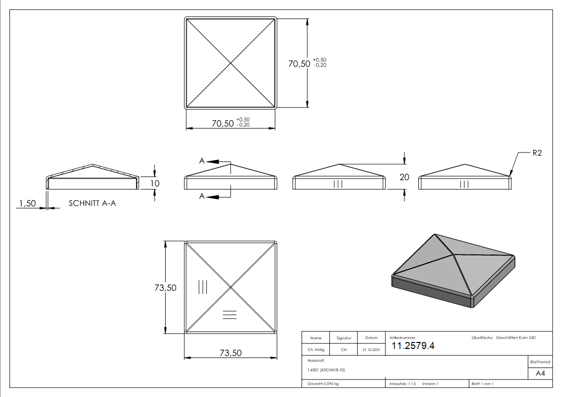 Pfostenkappe Edelstahl für Vierkantrohr: 70x70 mm geschliffen V2A