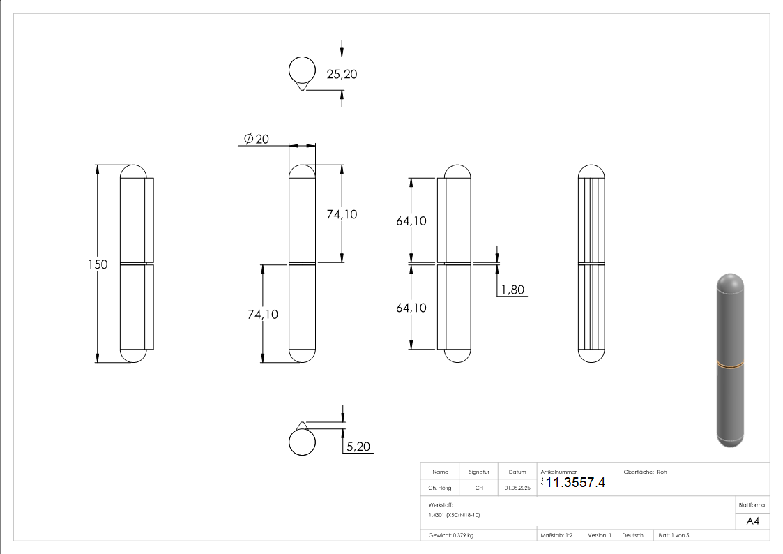 Anschweissband V2A Edelstahl 150 mm – 290 kg Tragkraft – fester Stift Ø20 mm-11-3557.4
