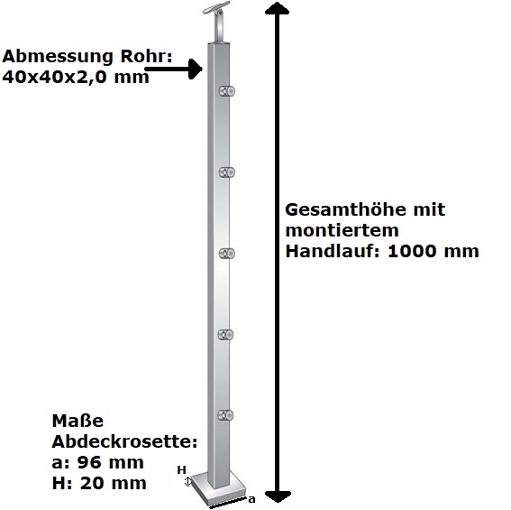 Gelaenderpfosten Edelstahl AISI 304 1000 mm 40x40 mm Oberverankerung Schliff K320-14-0084ER-A.4