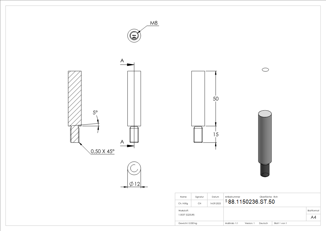 Stift 12mm, 50mm lang