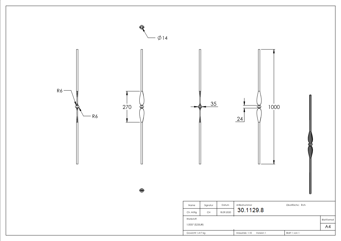 Zierstab | Länge: 900 mm | Material: Ø14 mm glatt | Stahl S235JR, roh