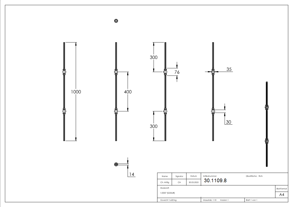 Zwischenstab | Länge: 900 mm | Material: 14 mm | rund, gehämmert | Stahl S235JR, roh
