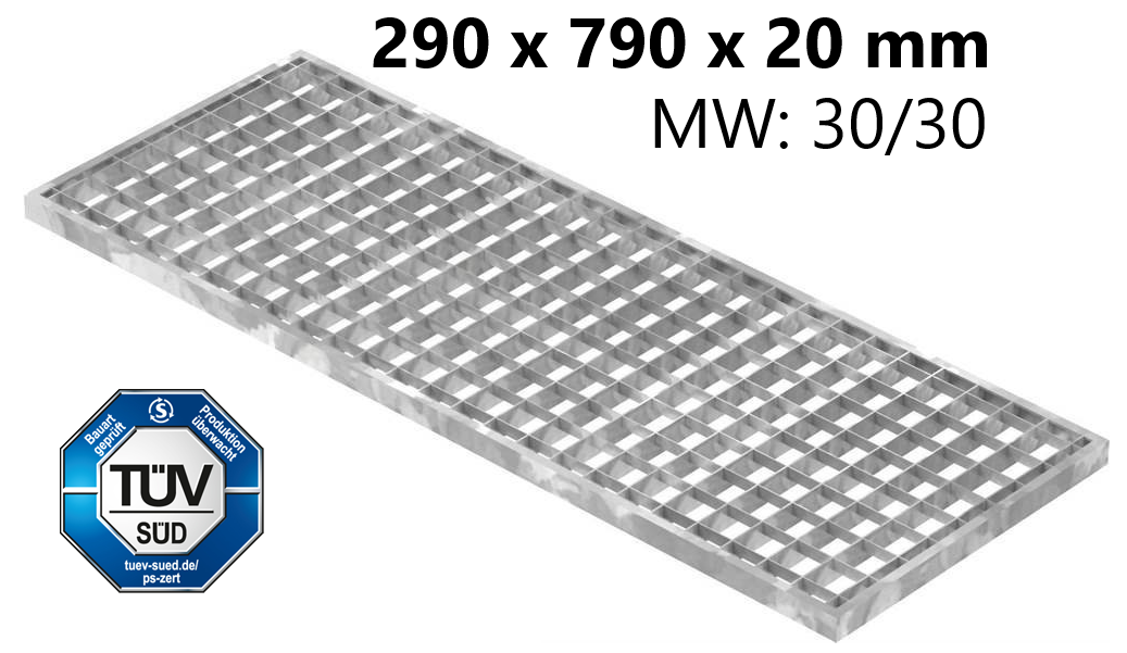 Lichtschachtrost Baunormrost | Maße:  290x790x20 mm 30/30 mm | aus S235JR (St37-2), im Vollbad feuerverzinkt