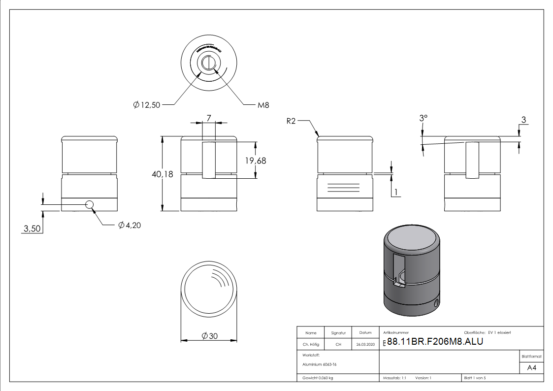 BRENK-fix® Grundhalter fuer Flachstaebe 20 x 6mm- ALU-88-11BR-F206M8.ALU