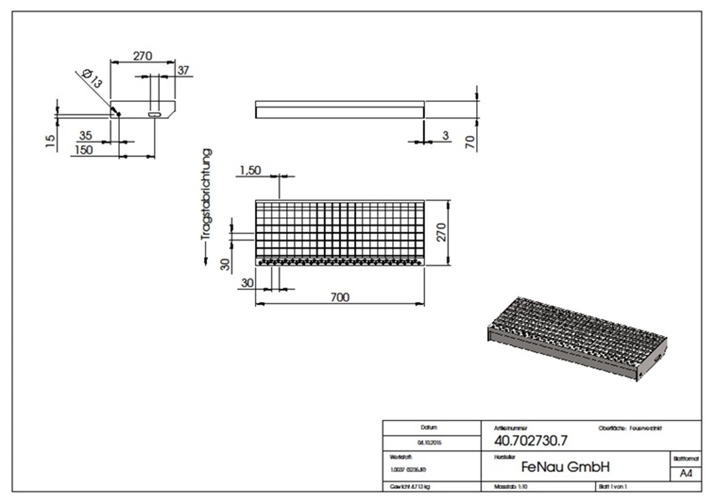 Gitterroststufe Treppenstufe | Maße: 700x270 mm 30/30 mm | S235JR (St37-2), im Vollbad feuerverzinkt