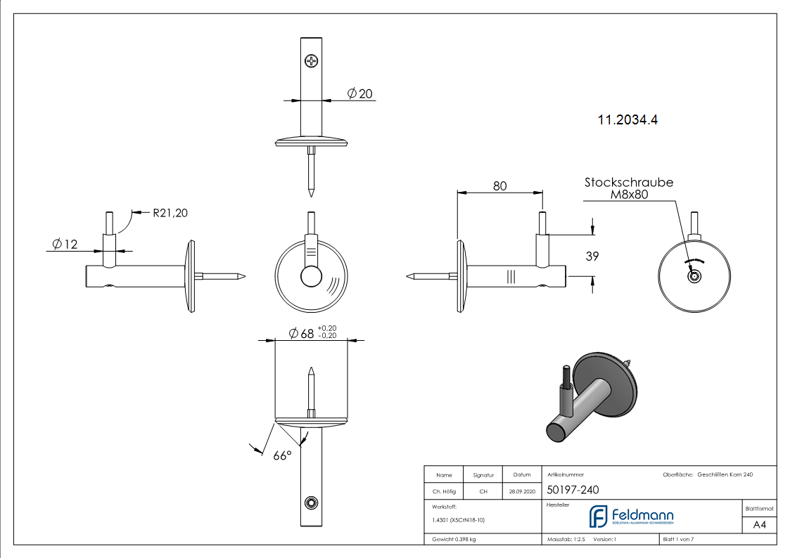 Handlaufhalter mit Ronde 68x5 mm und Halteplatte für Ø 42,4 mm V2A