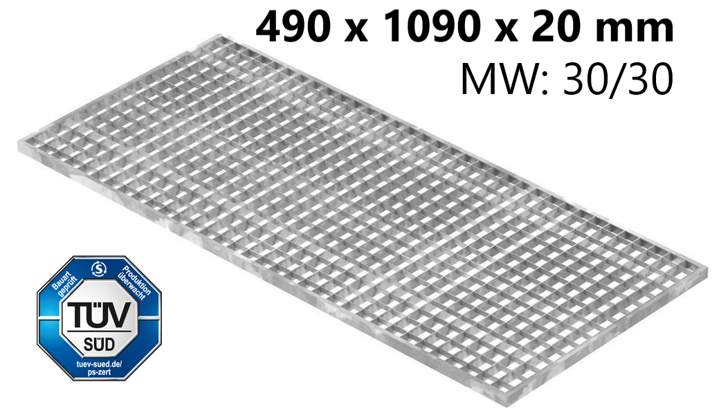 Lichtschachtrost Baunormrost | Maße:  490x1090x20 mm 30/30 mm | aus S235JR (St37-2), im Vollbad feuerverzinkt