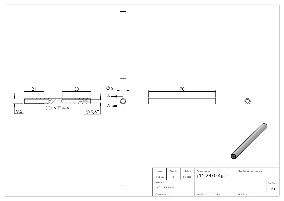 Gewindeterminal mit Innengewinde | Rechtsgewinde | Für Seil von Ø 3 mm |V2A