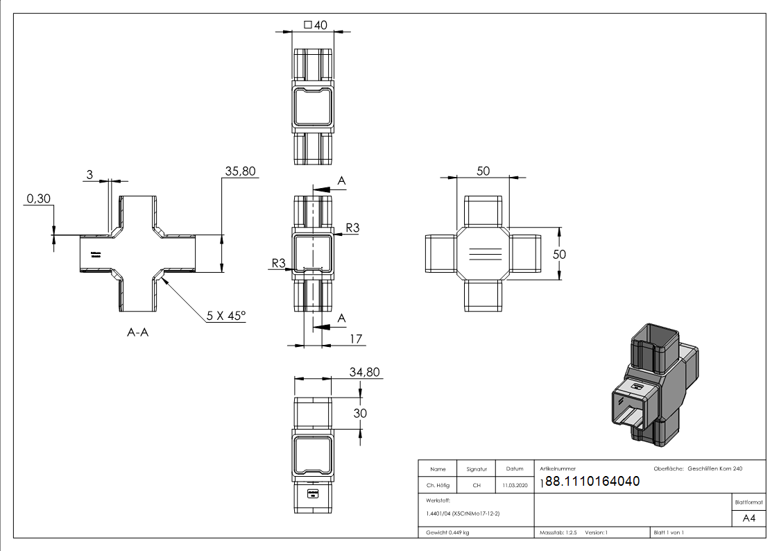 Verbindungsstück für Rohr 40x40x2mm, V4A