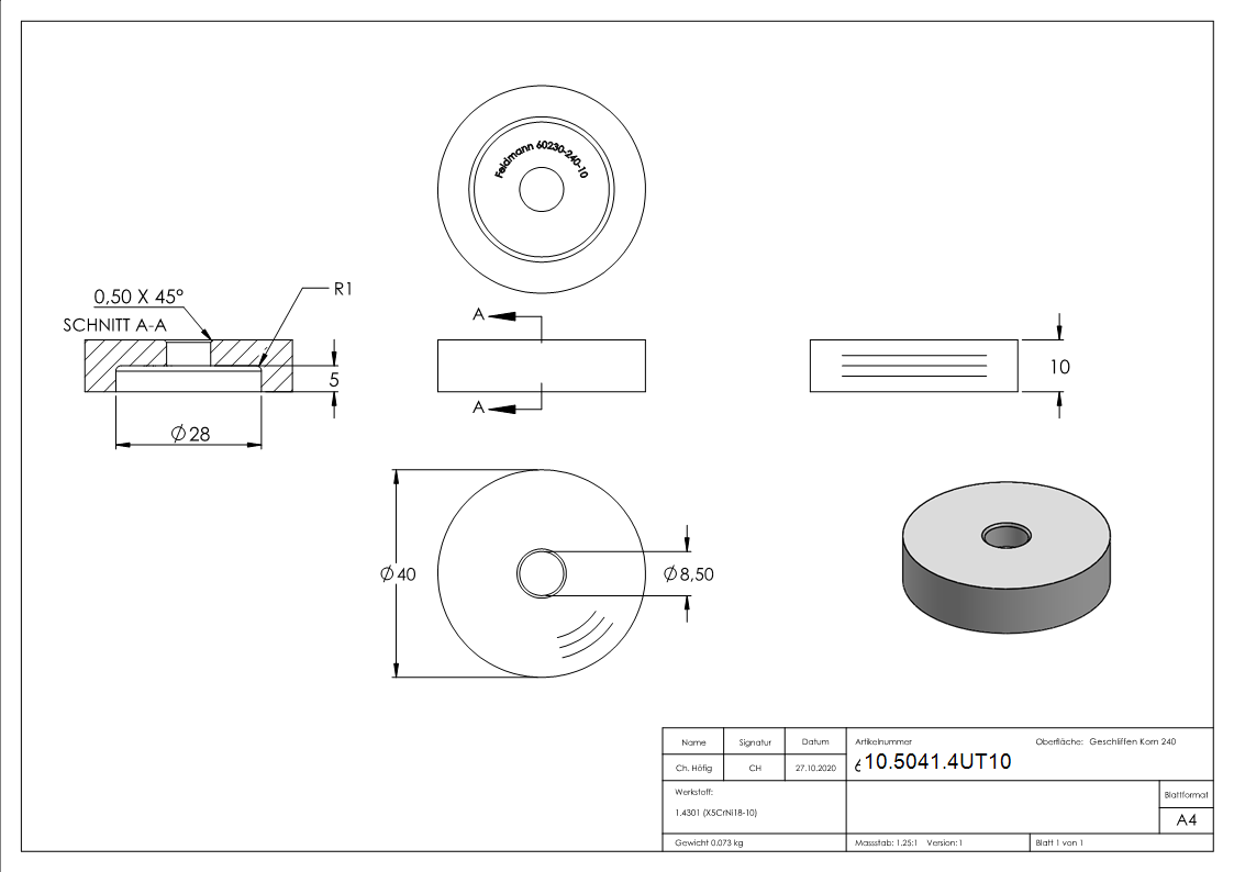 Glas-Punkthalter Unterteil Ø 40 mm + 10 mm Höhe V2A