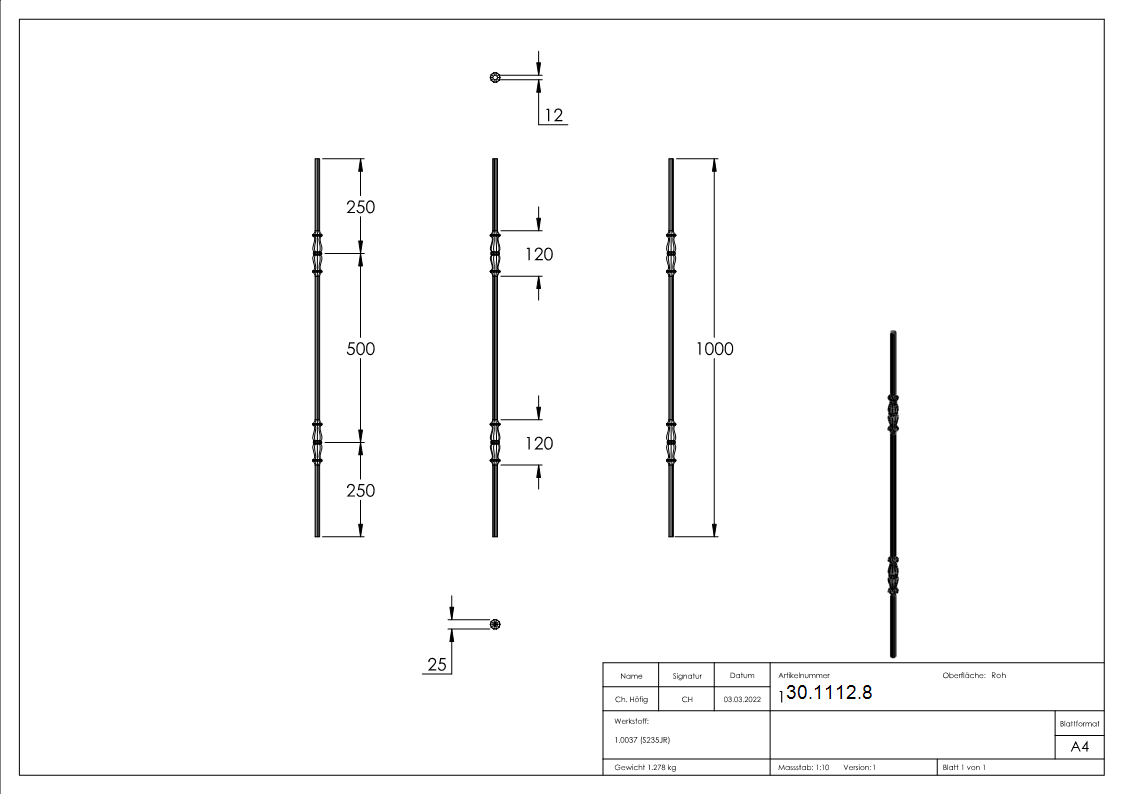 Zwischenstab | Länge: 900 mm | Material: 14 mm | rund, gehämmert | Stahl S235JR, roh