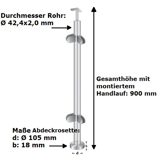 Geländerpfosten | Eckpfosten | Länge: 900 mm | für aufgesetzte Montage | V2A