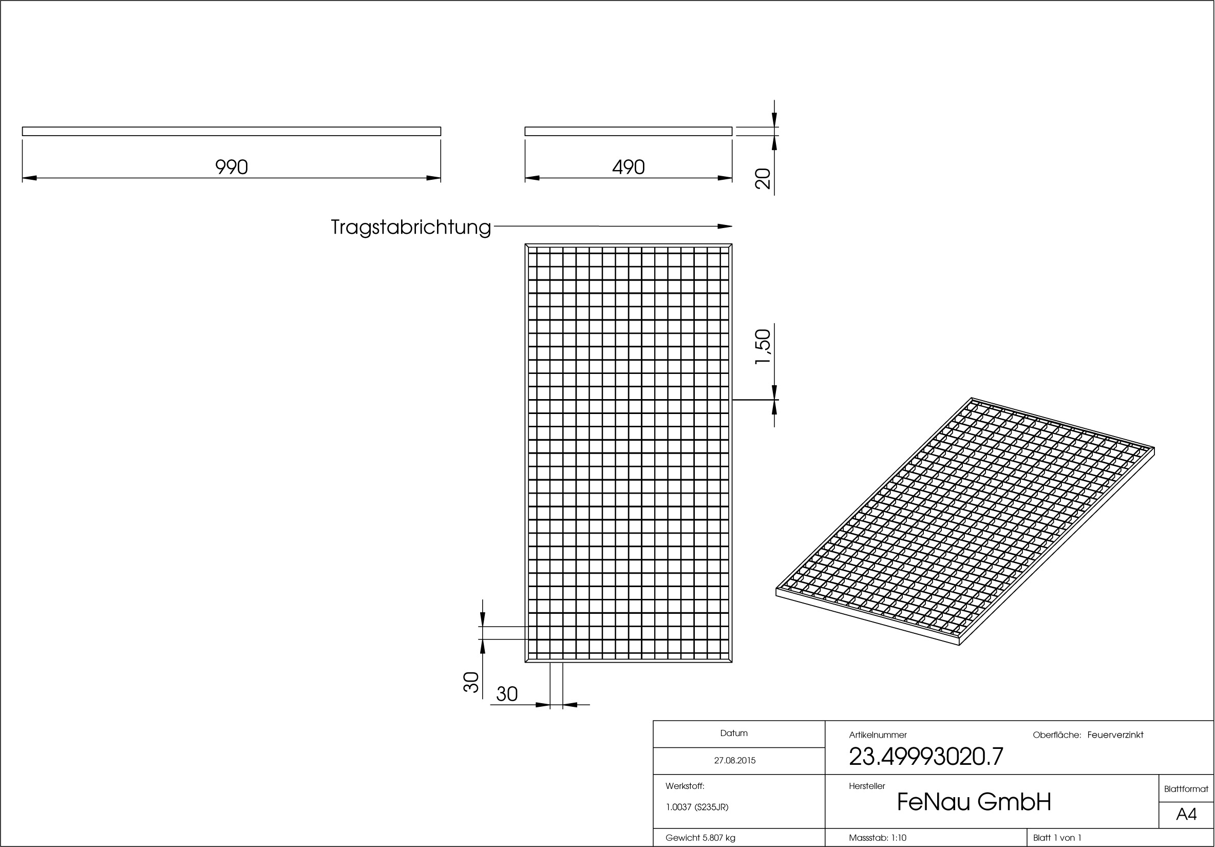 Lichtschachtrost Baunormrost | Maße:  490x990x20 mm 30/30 mm | aus S235JR (St37-2), im Vollbad feuerverzinkt