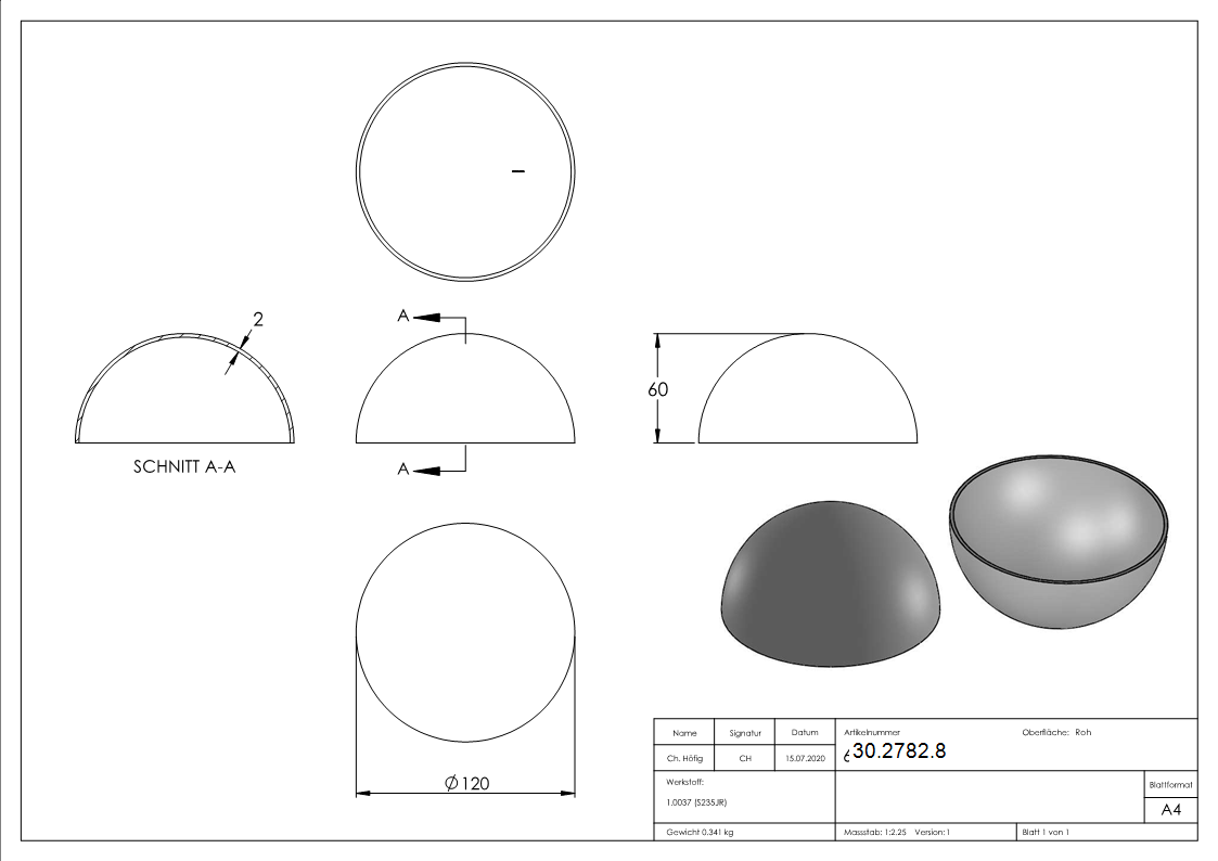 Halbhohlkugel Ø 120 mm | glatt | Stahl S235JR, roh