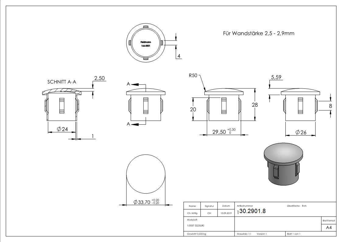 Stahlstopfen | leicht gewölbt | für Ø 33,7x2,5-2,9 mm | Stah S235JR, roh