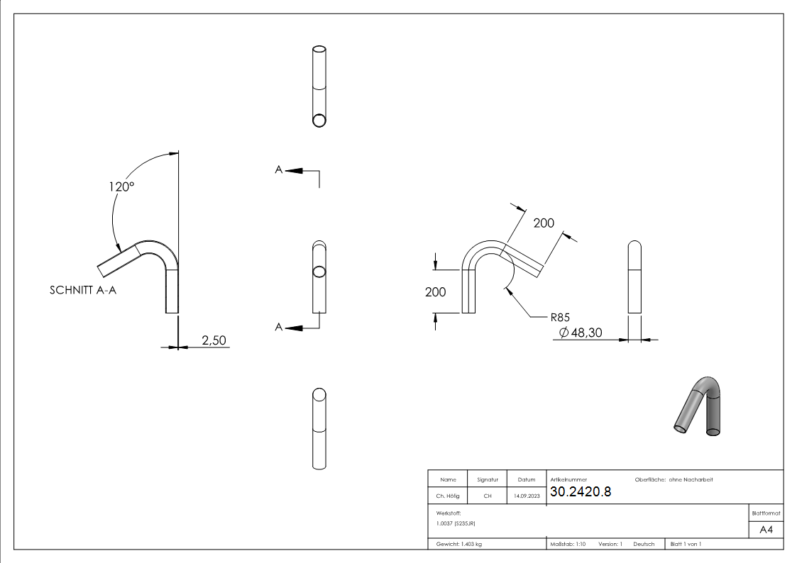 Rohrbogen 120° Stahl roh - 48-3 x 2-5 mm -1 ½- - S235JR-30-2420.8