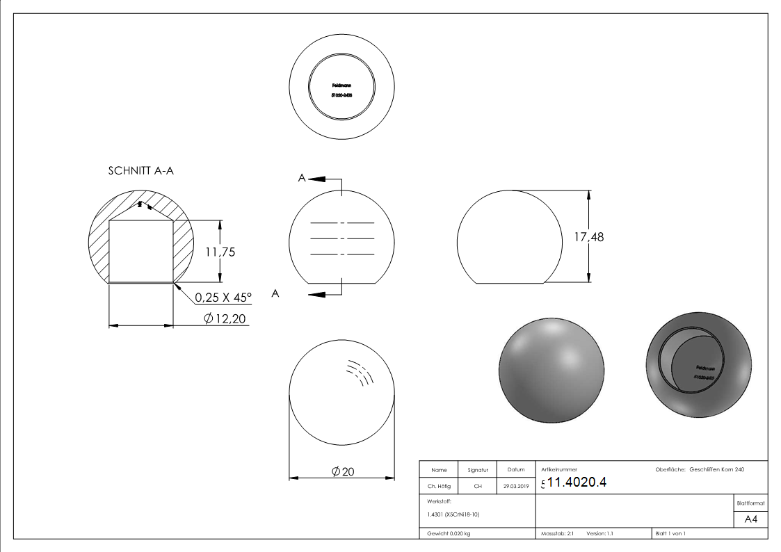 Vollkugel V2A Ø 20 mm Sackloch 12-2 mm geschliffen-11-4020.4