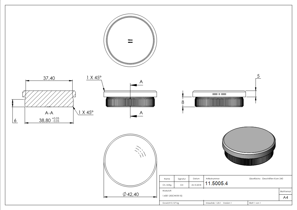 Rohrstopfen fuer Ø 42-4x2-0 mm flach zum Einschlagen V2A-11-5005.4