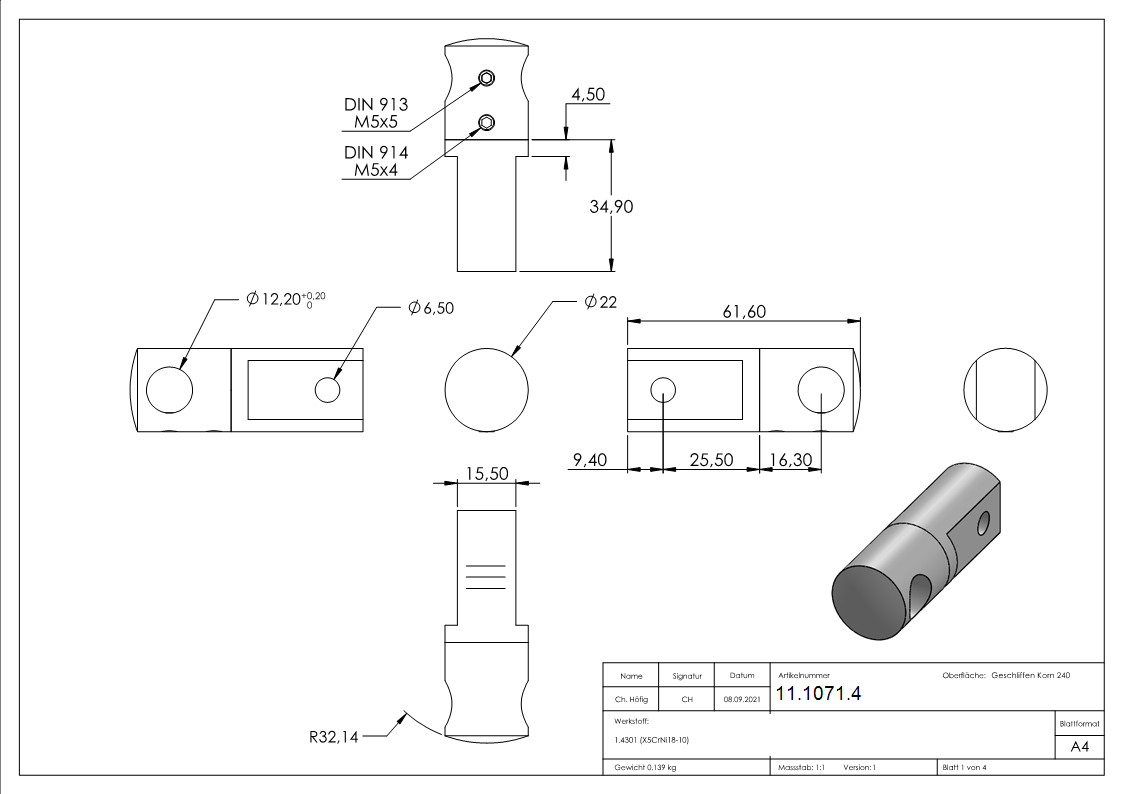 Querstabhalter V2A Edelstahl – zwischen zwei FLACHeisen fuer Rundstaebe 12 mm-11-1071.4