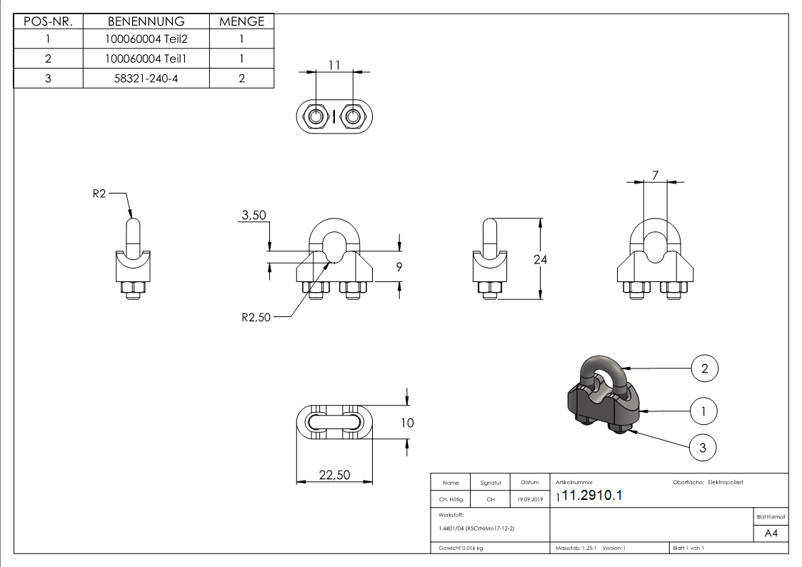 Drahtseilklemme | für Seil Ø: 4 mm | Gewinde: M5 | V4A