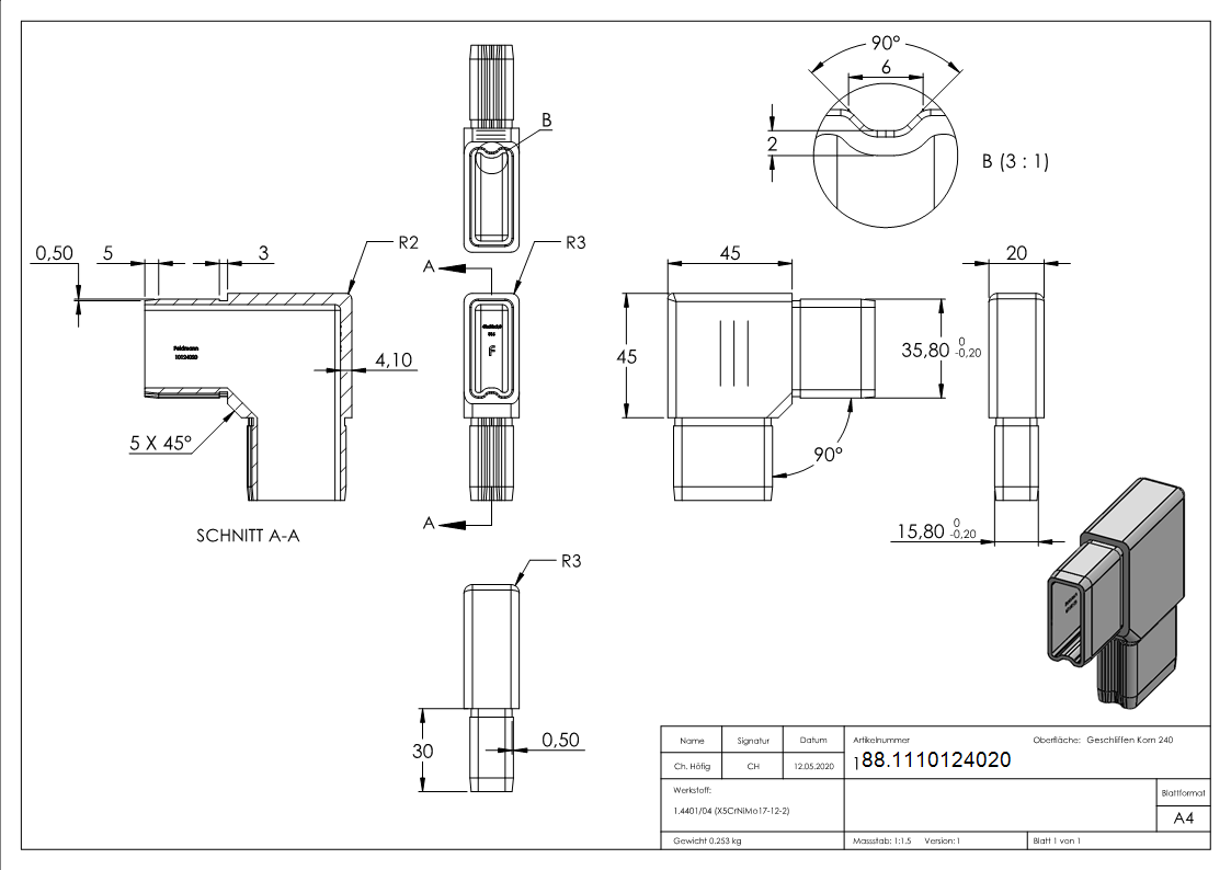 Verbindungsstück 90° für Rohr 40x20x2mm, V4A