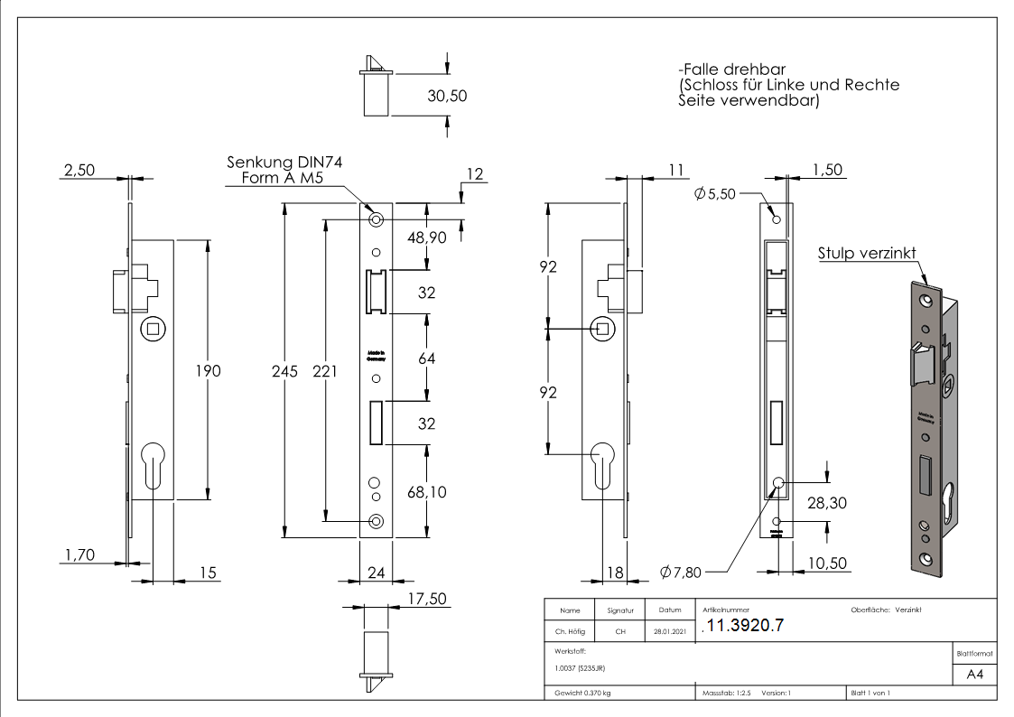 Rohrprofilschloss - Dornmass- 18 mm - Stahl -verzinkt- S235JR-11-3920.7